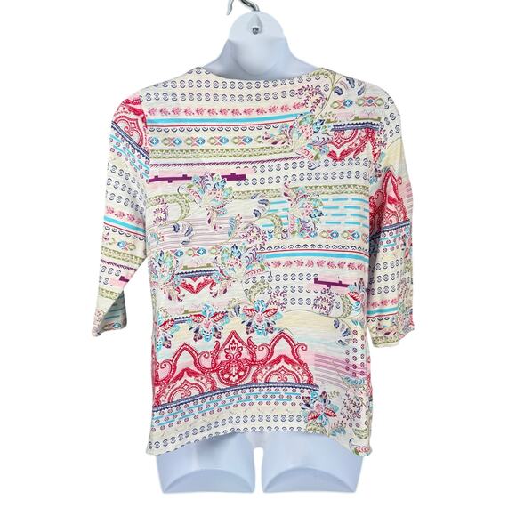 Chicos Top Womens 2 / US Large Multicolor Printed V-neck Relaxed 3/4 Sleeve - Picture 6 of 15